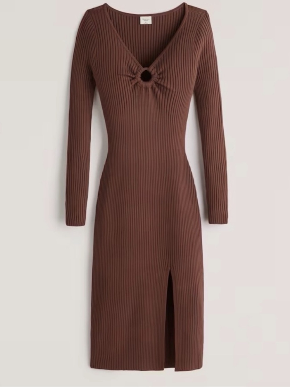 Abercrombie & Fitch Ribbed Long-Sleeve Midi Dress in Brown
